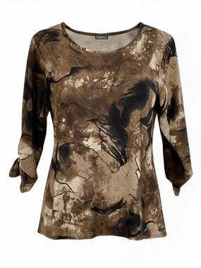 Clientele Blouse Smokey Tie-Dye 3/4-Sleeve Brown and Cream Women's Shirt L